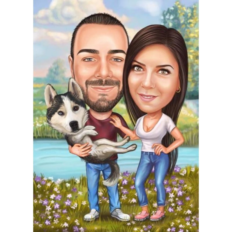 Couple with Dog Caricature | Custom Caricature - Caricature4You