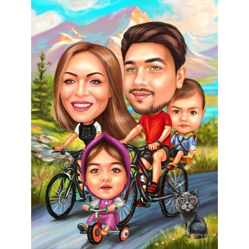 Family Cycling Caricature | Custom Caricature - Caricature4You