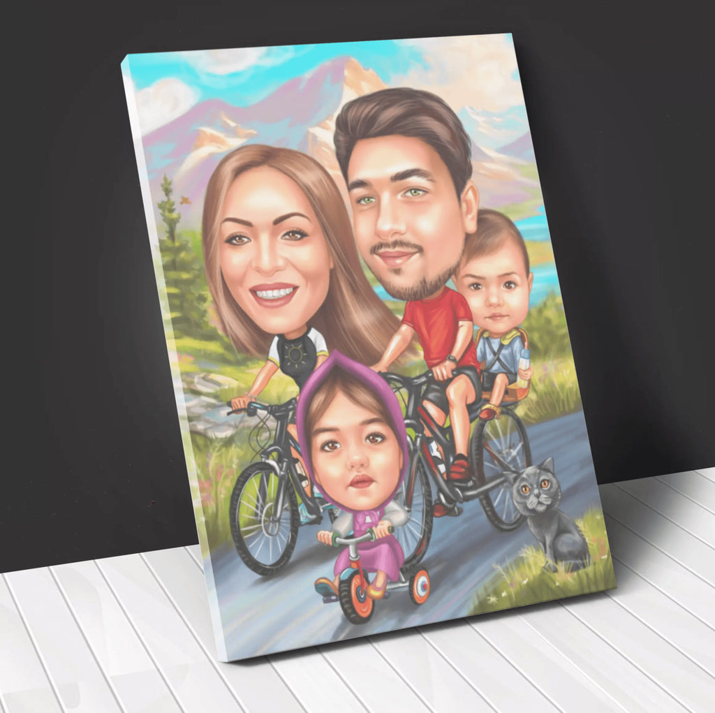 Family Cycling Caricature | Custom Caricature - Caricature4You