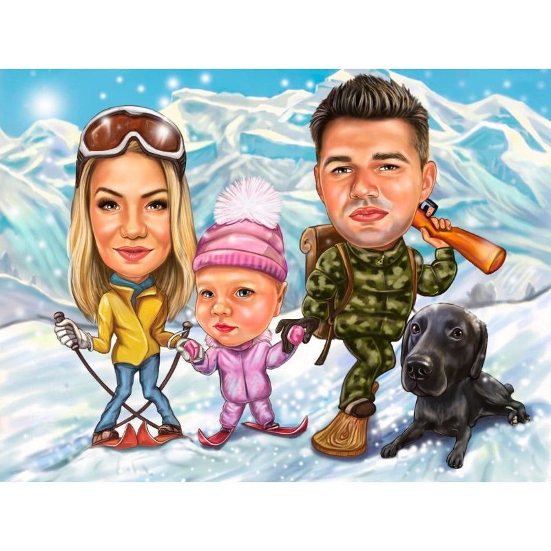 Family Skiing Caricature | Custom Caricature - Caricature4You