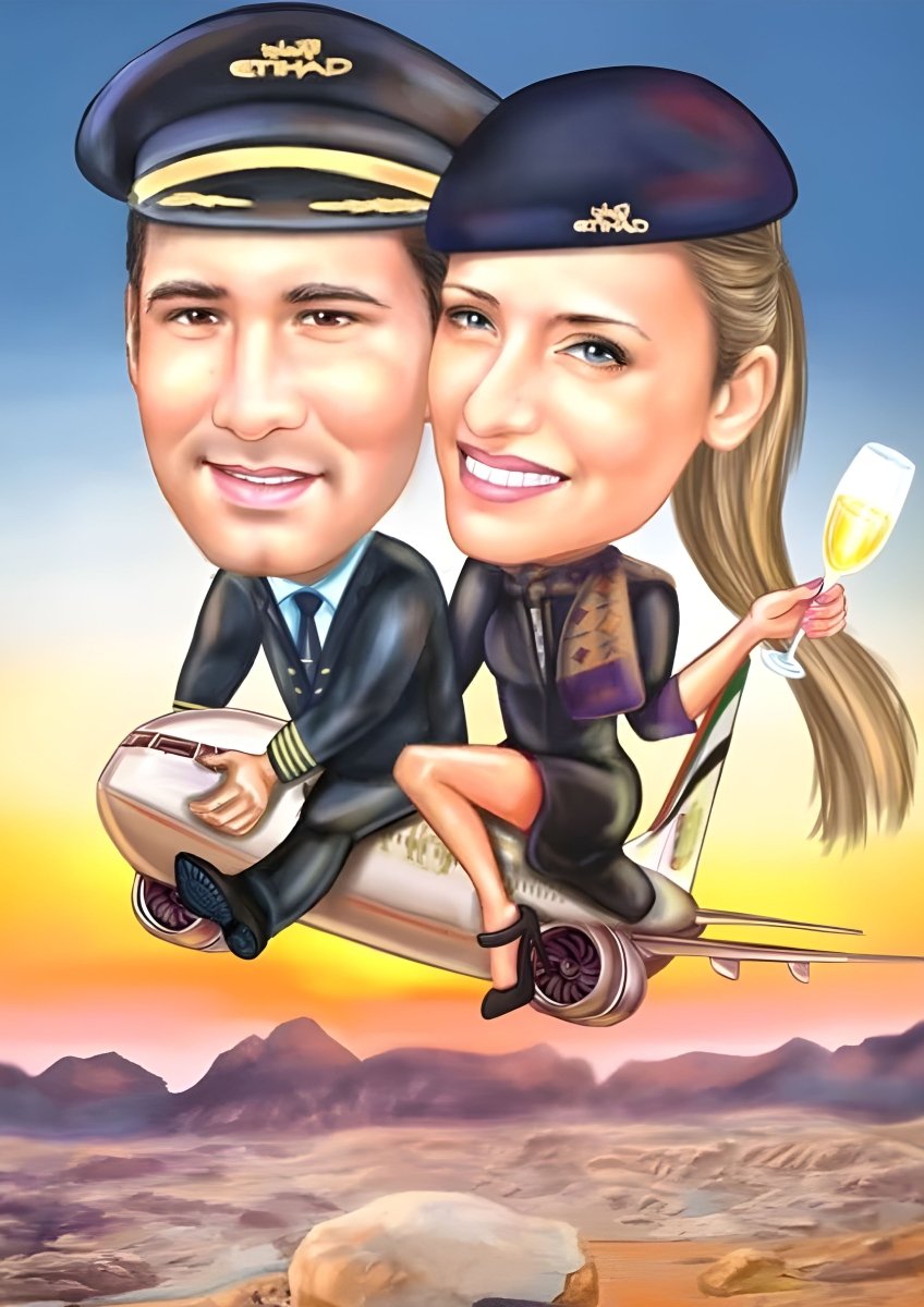 Flight attendant Couple Caricature | Custom Caricature - Caricature4You