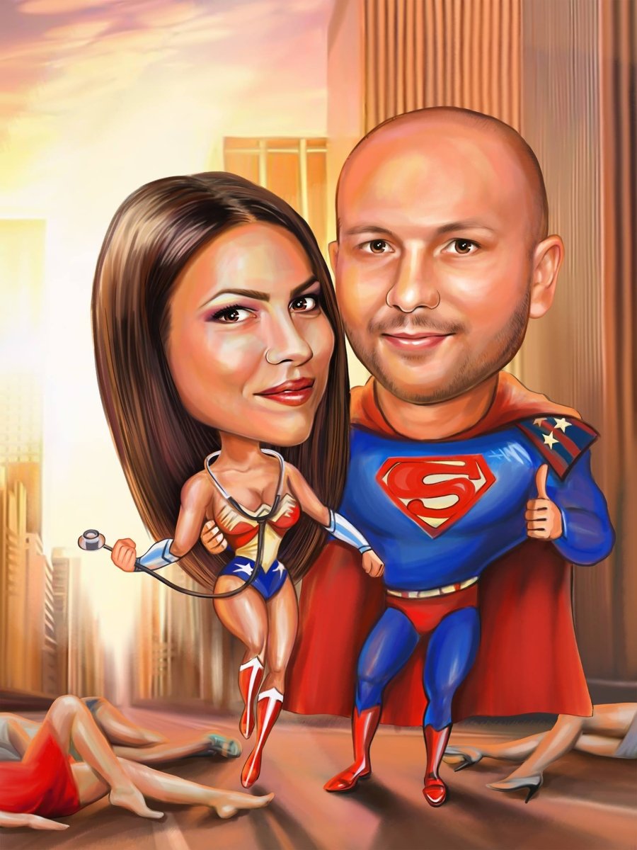 Superman Caricatures - Personalized Superhero Caricature for Couples - Caricature4You